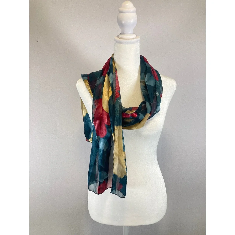 Romantic Floral‎ Unbranded Women Teal Red Yellow Sheer Chiffon Style Scarf Wrap